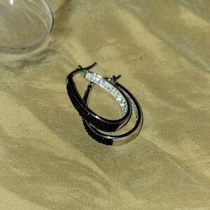 Two Tone Black & Silver Crystal Inside Out Oval Hoop Earrings - Dressy Casual